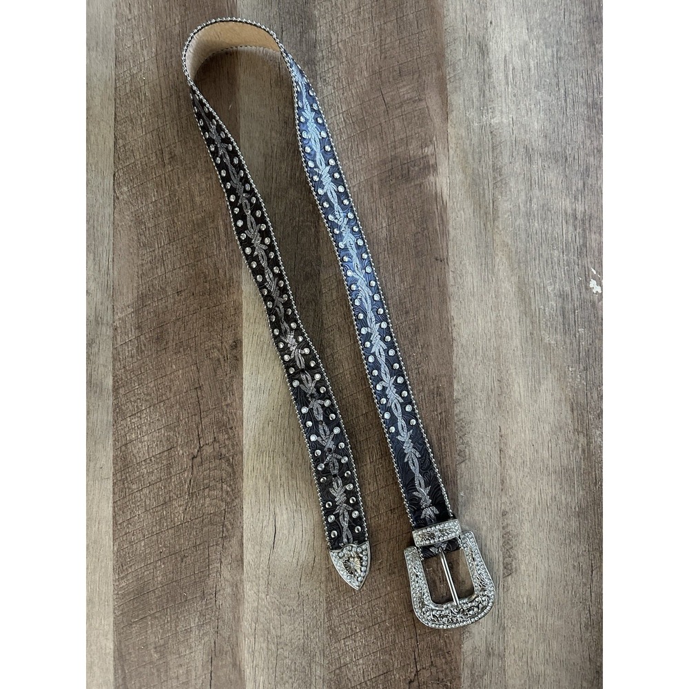 Women's Black Western Rhinestone Studded Belt Floral Embossed Silver Buckle